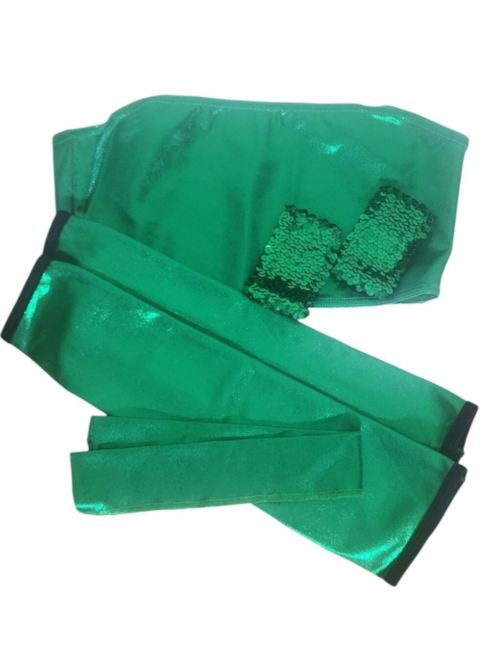 Designs for Dance Green Costume Set Cropped Tank Sequin Arm Covers Size Medium